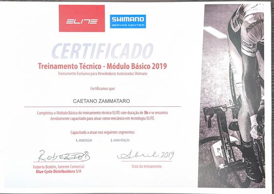 Elite technical training certificate from the Shimano Service Center program, issued to Caetano Zammataro in 2019