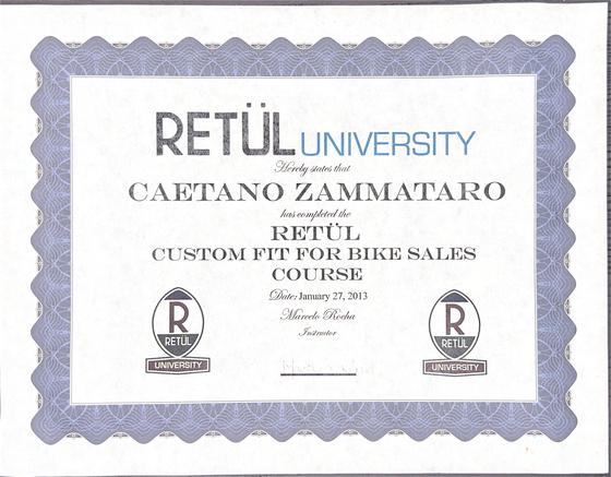 Retul University Custom Fit course certificate issued to Caetano Zammataro in 2013
