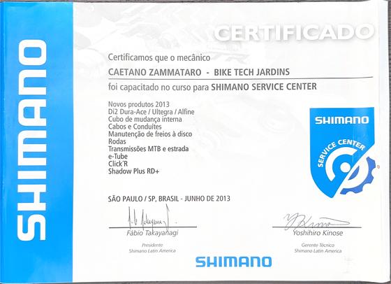Shimano Service Center certificate for mechanic Caetano Zammataro, 2013