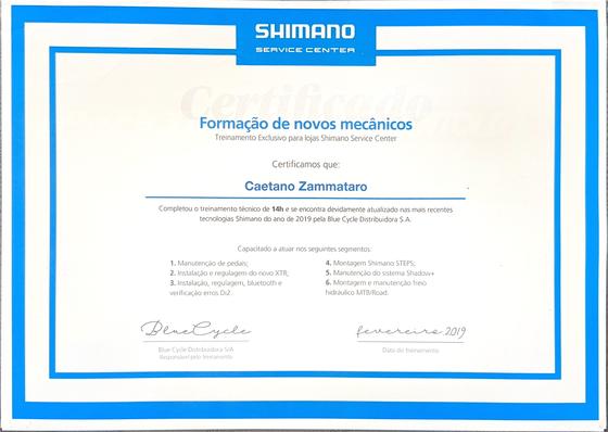 Shimano mechanics training certificate covering Di2, STEPS and XTR, issued to Caetano Zammataro in 2019