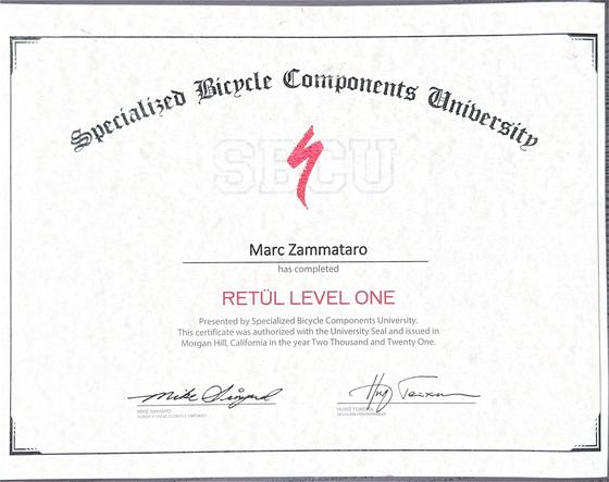 Specialized Bicycle Components University certificate, Retul Level One, issued to Marc Zammataro in 2021