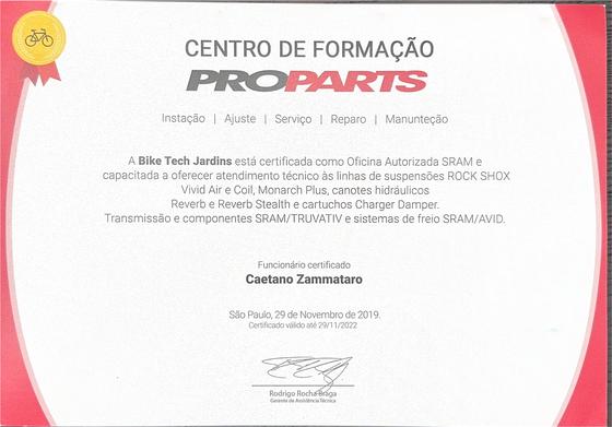 SRAM and RockShox authorized service certificate naming Caetano Zammataro as certified technician, 2019