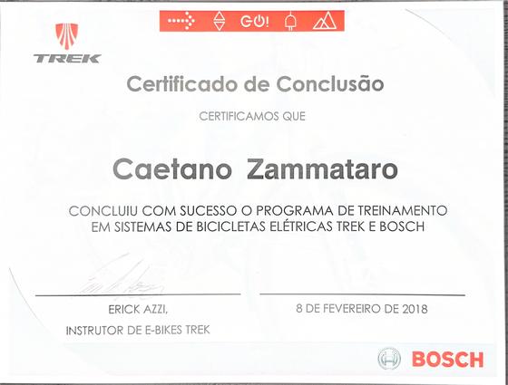 Trek and Bosch e-bike systems training certificate issued to Caetano Zammataro in 2018