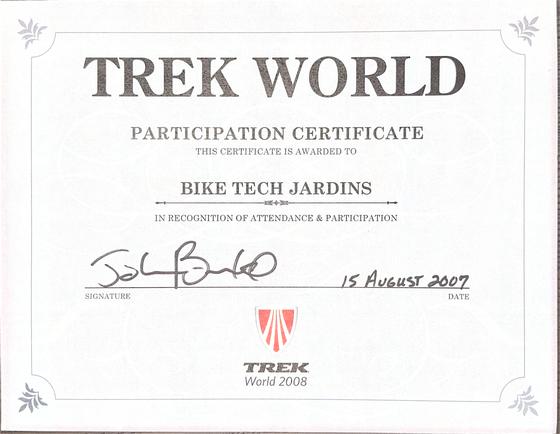 Trek World 2008 dealer participation certificate awarded to Bike Tech Jardins, Marc's bike shop in Sao Paulo