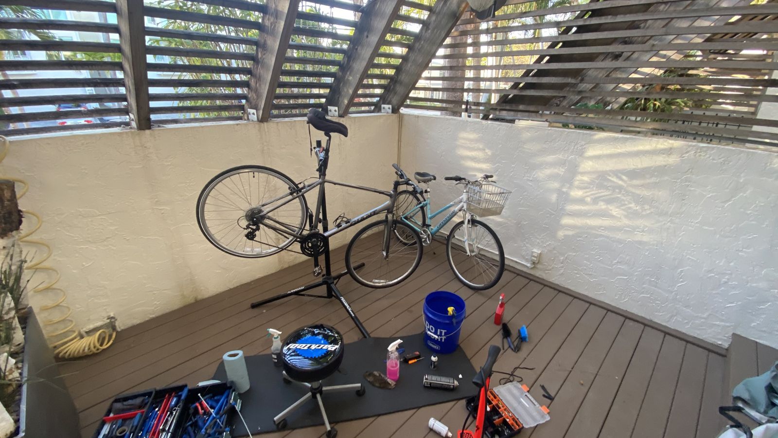 Bikes set up for mobile service on a deck