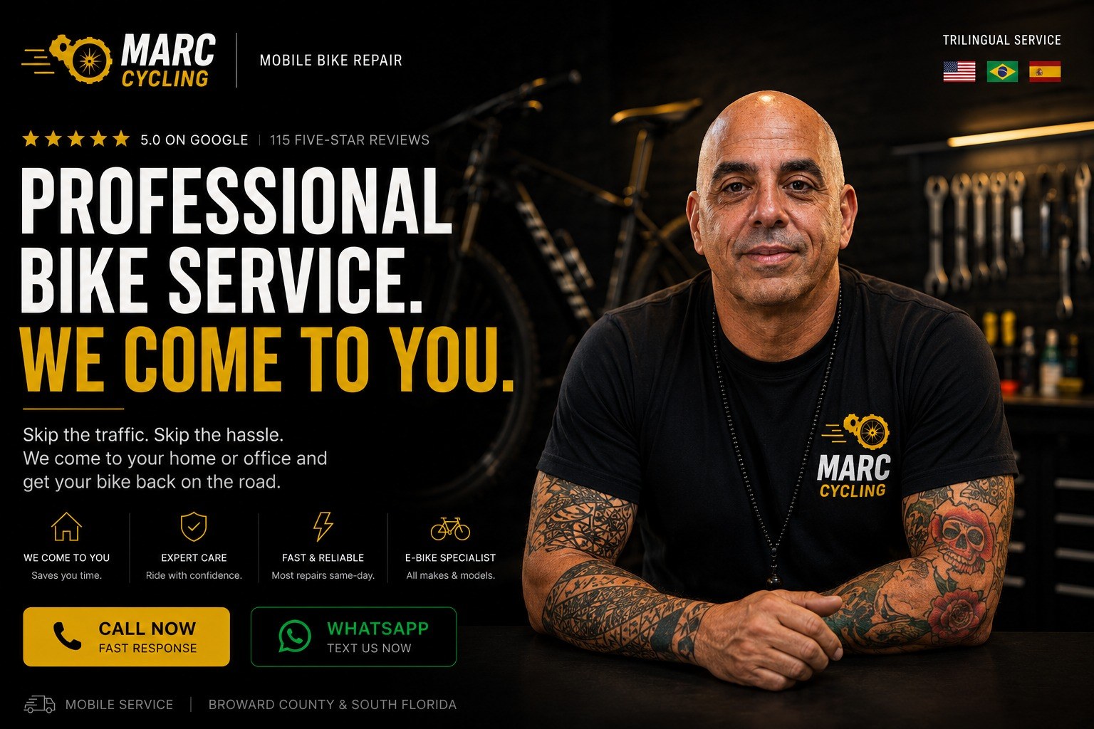 Marc Cycling, professional mobile bike repair. We come to you across Broward County and South Florida. Trilingual service. 5.0 on Google with over 100 five-star reviews.